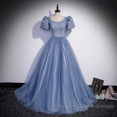 Ball Gown Dusty Blue Semi Formal Prom Dress with Bubble Sleeves
